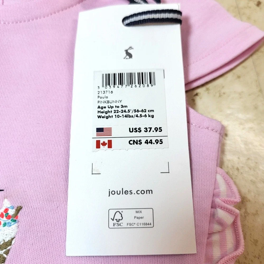 Joules Paula Beach Bunny 2 Piece Pink Short Sleeve Top Stripe Pant 3 Mnth 10-14#